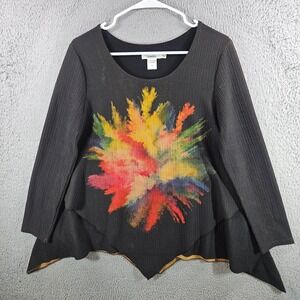 Feratelli Womens Black Ribbed Sharkbite Hem Top Rainbow Paint Splash Graphic S